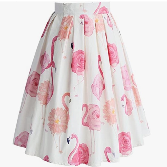 Chicwish White Pink Flamingo Knee Length Print Pleated A-line Midi Skirt Medium - Picture 4 of 16
